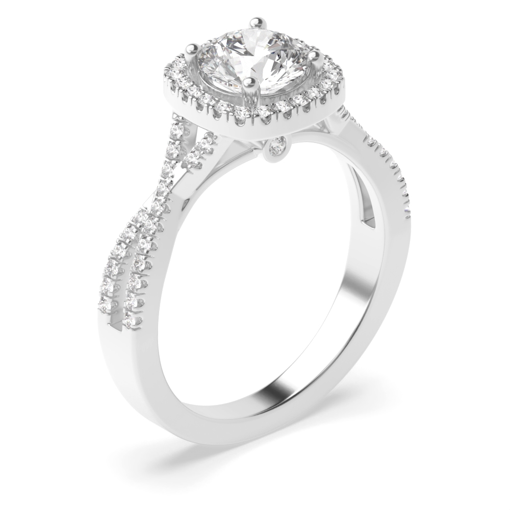 4 prong setting round shape cross over shoulder halo engagement ring